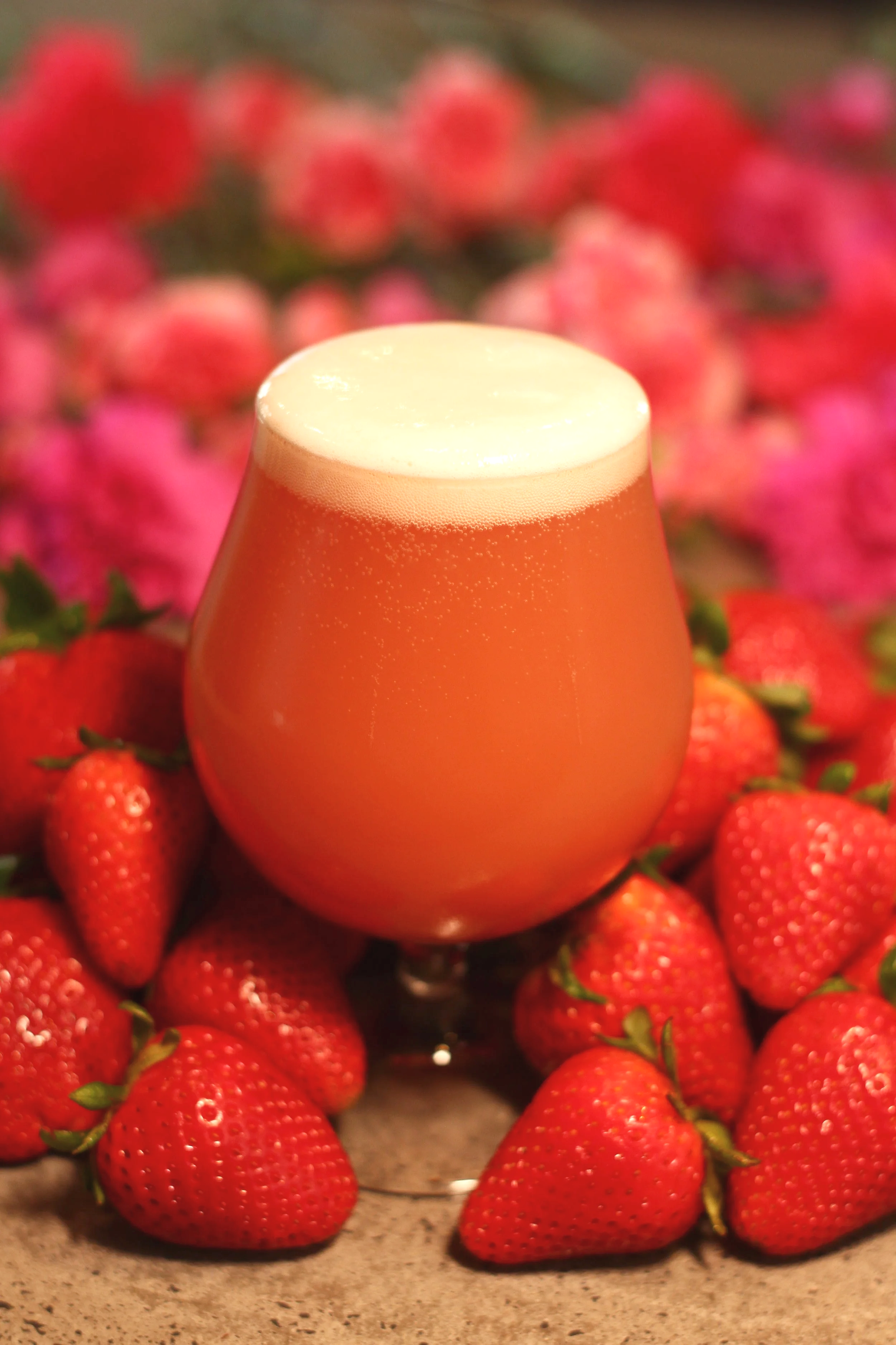 A glass of strawberry beer with a foamy head, surrounded by fresh strawberries on a surface with a pink and red blurred background.