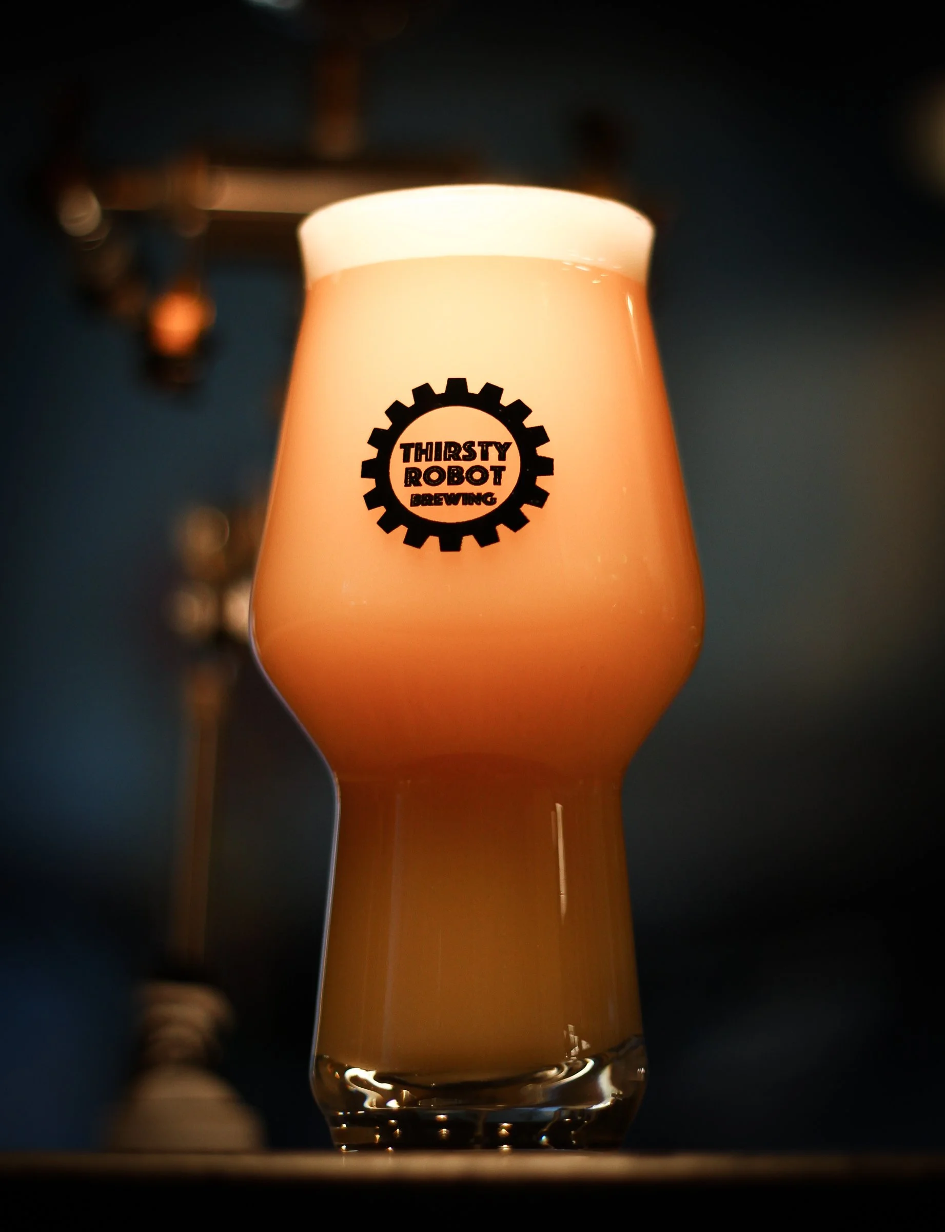 A glass of beer with a foamy head featuring the Thirsty Robot Brewing logo on the front.