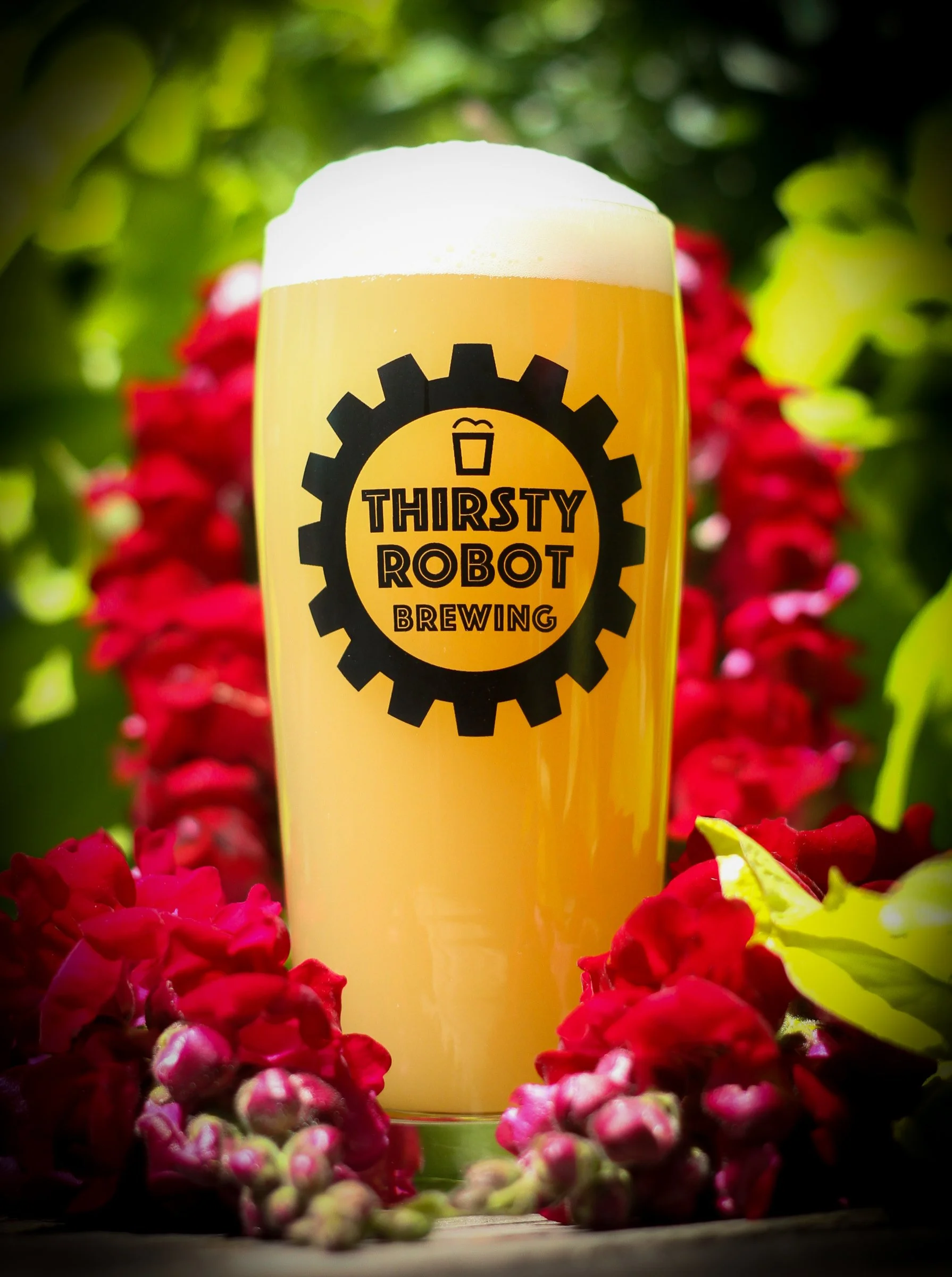 A glass of beer with foam on top, labeled "Thirsty Robot Brewing" with a gear logo, surrounded by red flowers and green leaves.