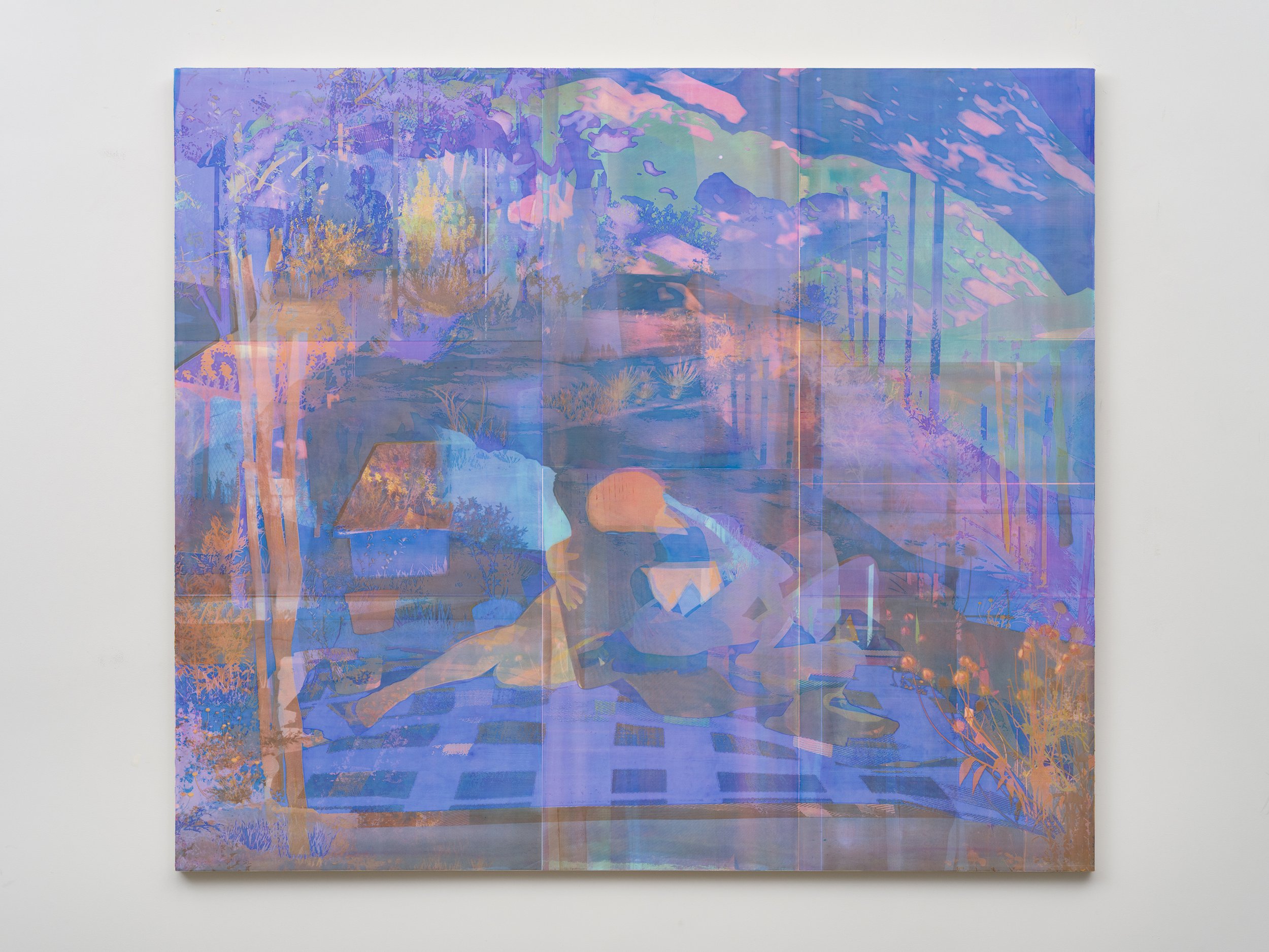 “Blueing,” 2026. Acrylic and watercolor pencil on canvas-wrapped panel. 72" x 82 ¹⁄₂" x 1 ³⁄₈" 