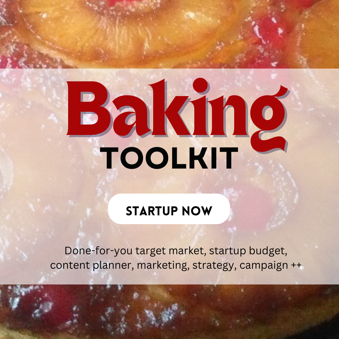 Cover image for a baking toolkit startup, with a blurred background of baked or fruit-filled pastry and the text 'Baking Toolkit' and a button labeled 'Startup Now.'