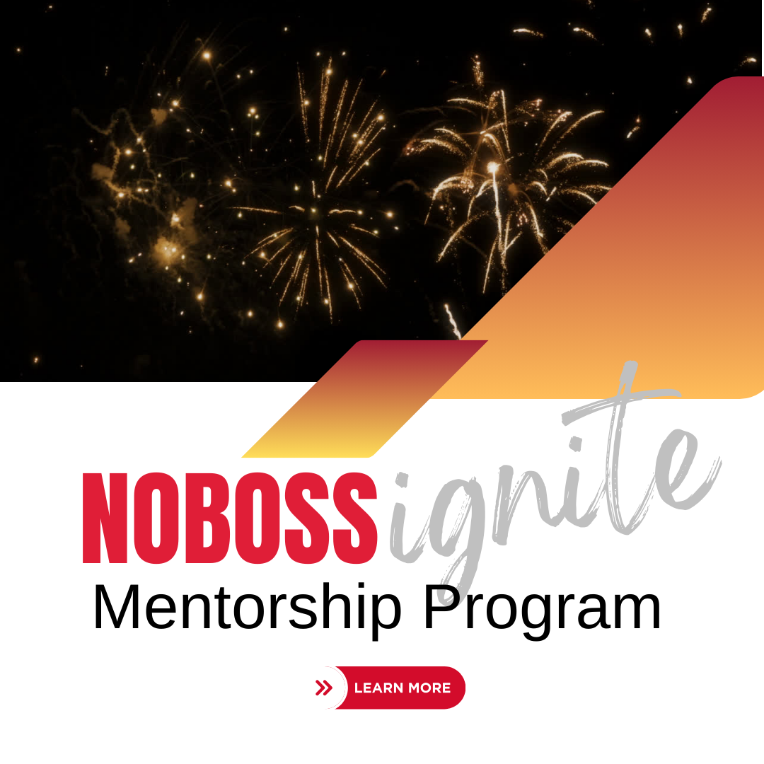 Fireworks display over a dark sky with a promotional graphic for the Noboss Ignite Mentorship Program, featuring a red "Learn More" button.