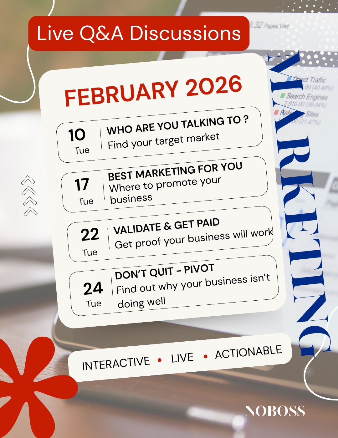 Schedule of live Q&A discussions in February 2026, listing topics and dates, with branding and design elements.