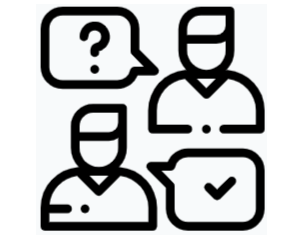 Line drawing of two people with a question bubble and a checkmark bubble, representing clear answers and practical next steps