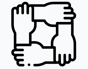 Line drawing of four hands clasped together in a square, representing partnership and teamwork