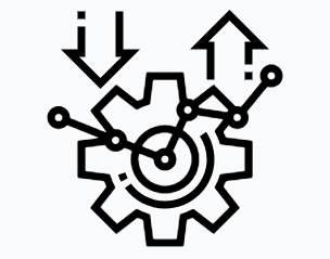 Line drawing of a gear with a target and arrows, representing setting shared goals and direction