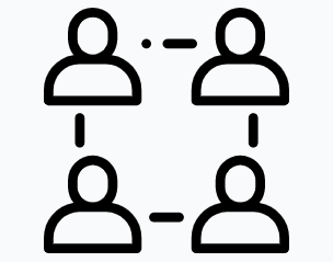 Line drawing of four people connected in a group, representing working side by side