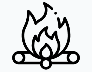 Line drawing of a campfire, representing the team gathering around shared insights