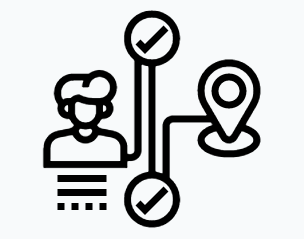 Line drawing of a person with a checkmark, a route line, and a map pin marking a goal