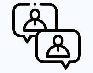 Line drawing of two people in speech bubbles, representing open two-way conversation