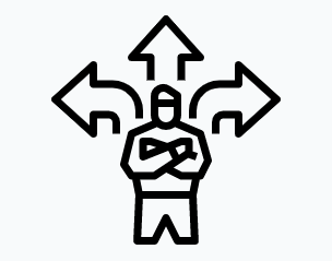 Line drawing of a person with arms crossed and arrows pointing in several directions, representing choosing a career direction