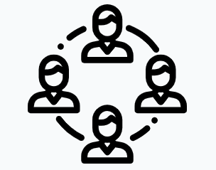 Line drawing of four people arranged in a circle, representing working side by side