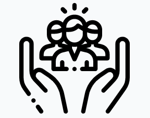 Line drawing of a group of people held in two open hands under a burst of light