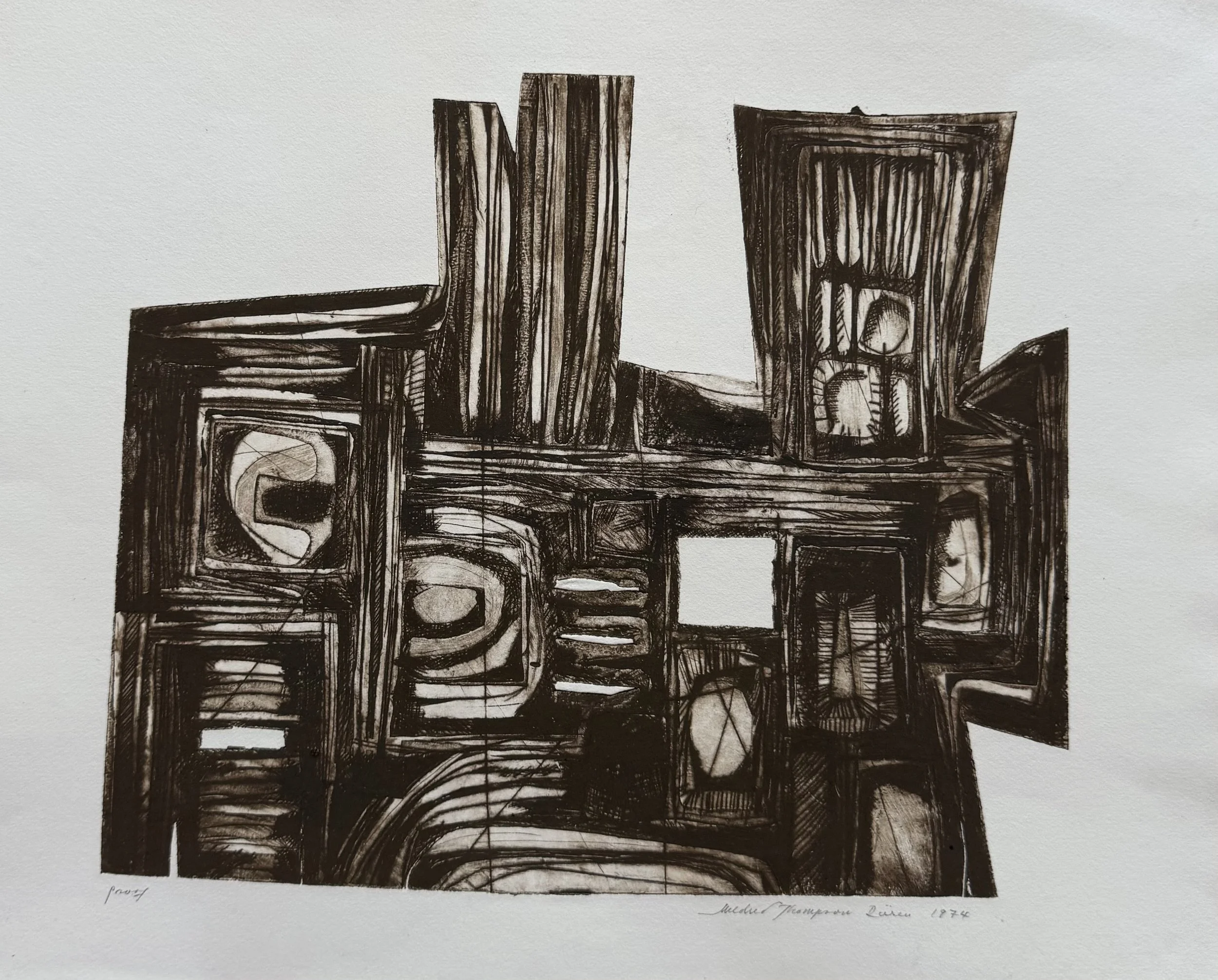  Mildred Thompson  Proof (Düren) , 1974 Etching 21.5 x 24 in (framed dims) Collection of the Mildred Thompson Estate 