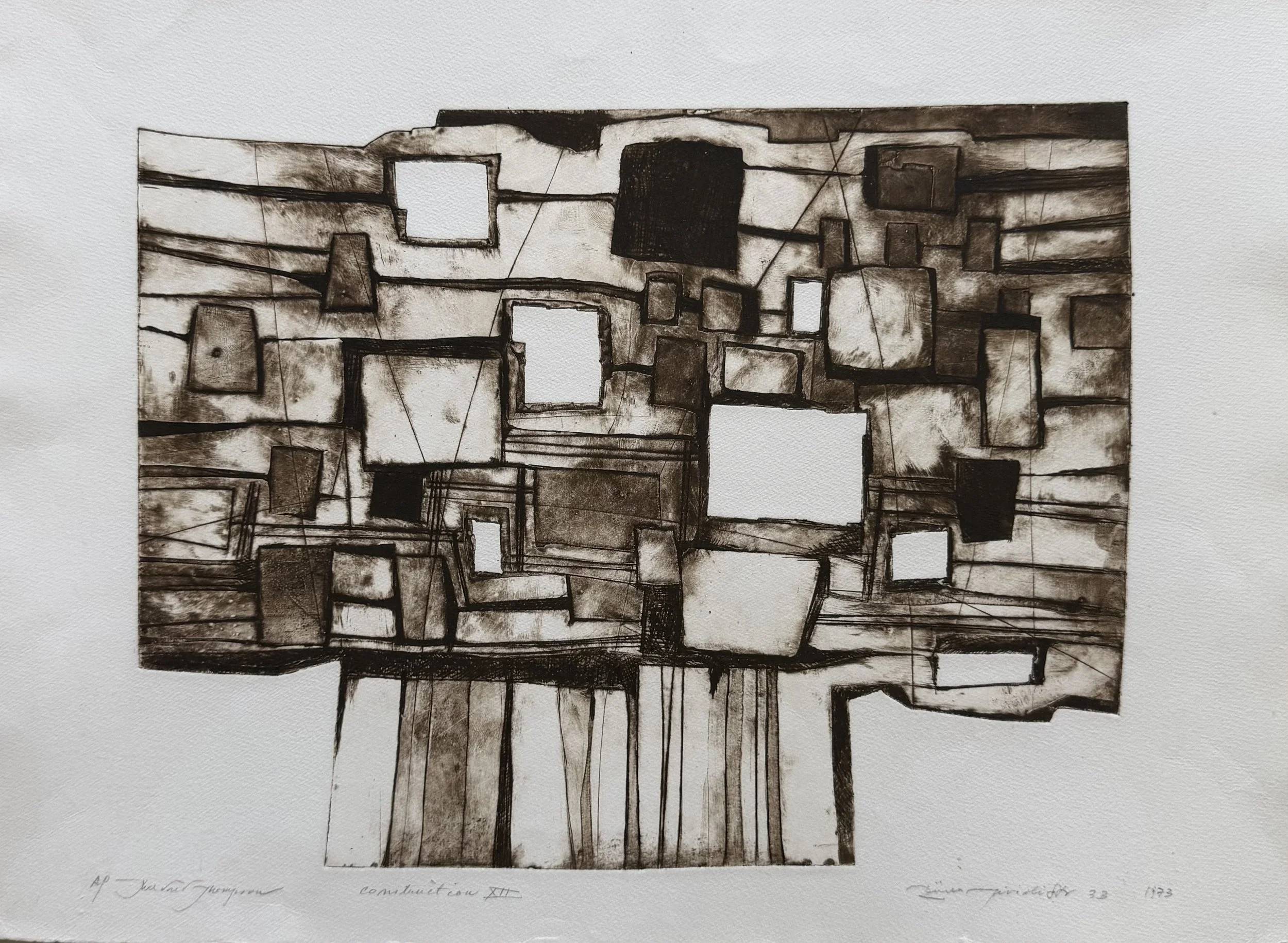  Mildred Thompson  Construction XII (Düren, Tivolistrasse 33),  1973 Etching, AP 21 x 24.5 in (framed dims) Collection of the Mildred Thompson Estate 