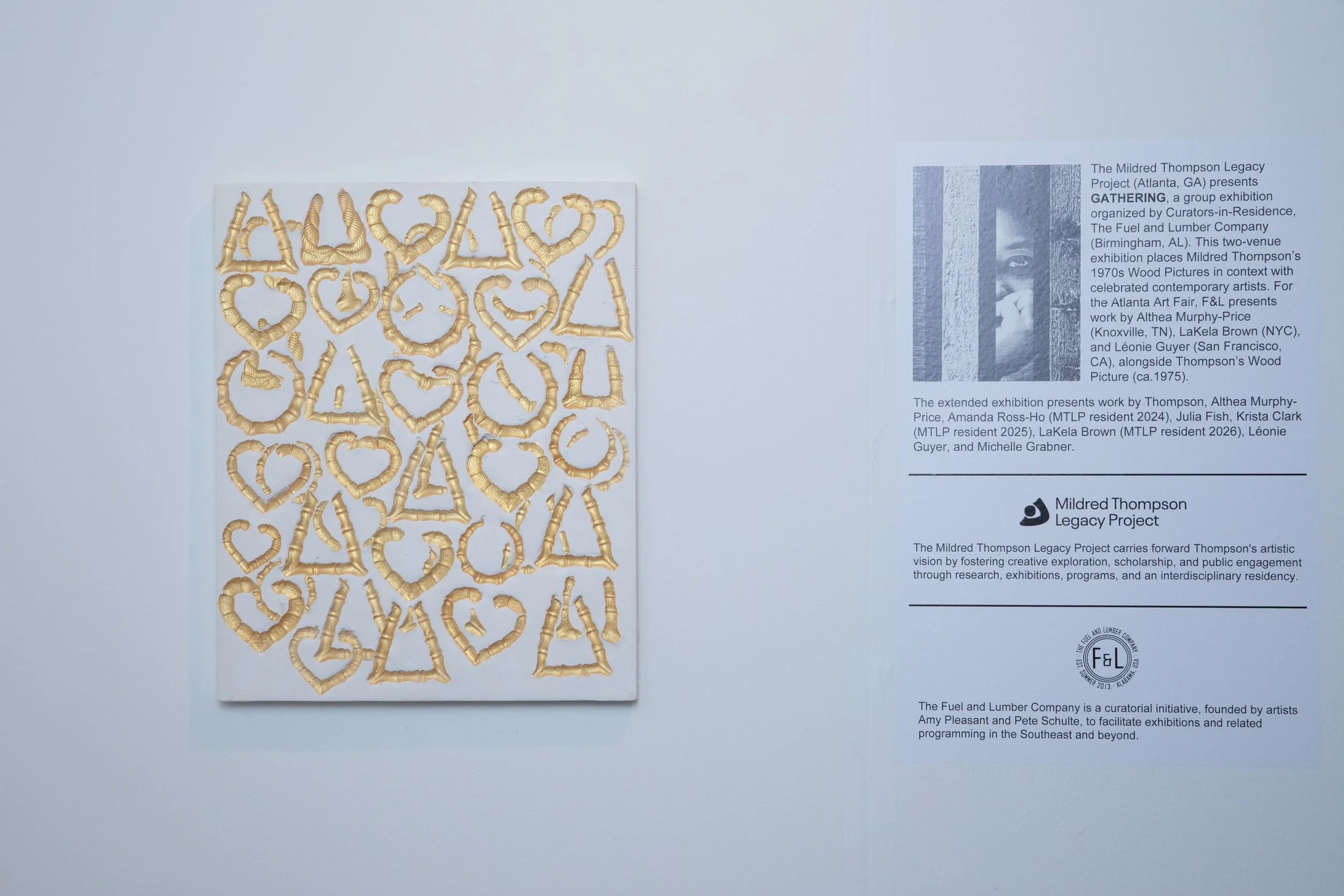  LaKela Brown Coverall Composition with Gold Impressions (Small) 2023 plaster and acrylic 20 × 26 × 1 in Courtesy of Ellis Rines Gallery, NYC 