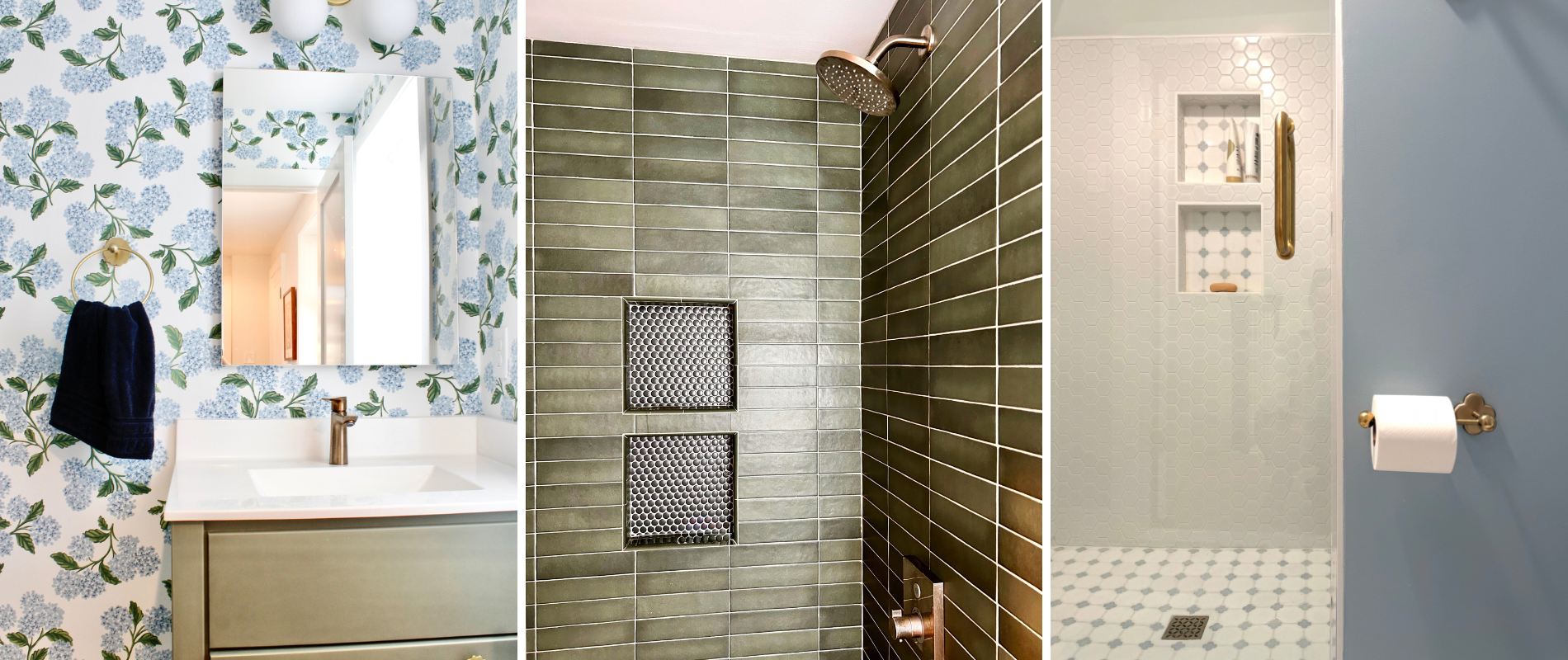 hydrangea wallpaper with sage green vanity, deep green tiled shower with horizontally stacked tile and penny tile, white hexagon tile shower walls with mosaic floor and niche tile
