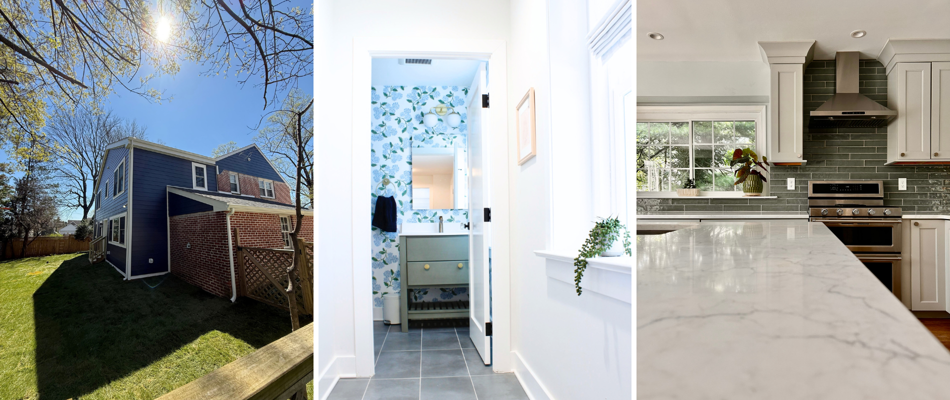 Custom home renovation exterior with navy siding, a bathroom with sage vanity and hydrangea wallpaper, sage kitchen cabinets and white marble countertops