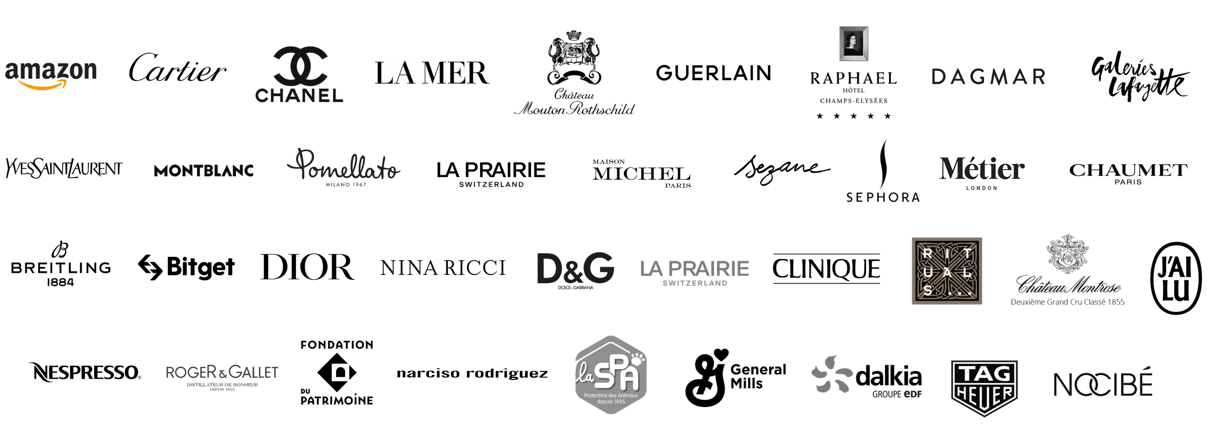 Logos des clients du studio : Cartier, Montblanc, YSL, L:A Bruket, Chanel, Amazon, Sézane, La Mer, Fossil,Château Mouton Rothshild, Maison Michel, Dalkia, La SPA, Tommy Hillfiger, Tourcom, Nooance, Rituals, Galeries Lafayette, Printemps Haussmann...