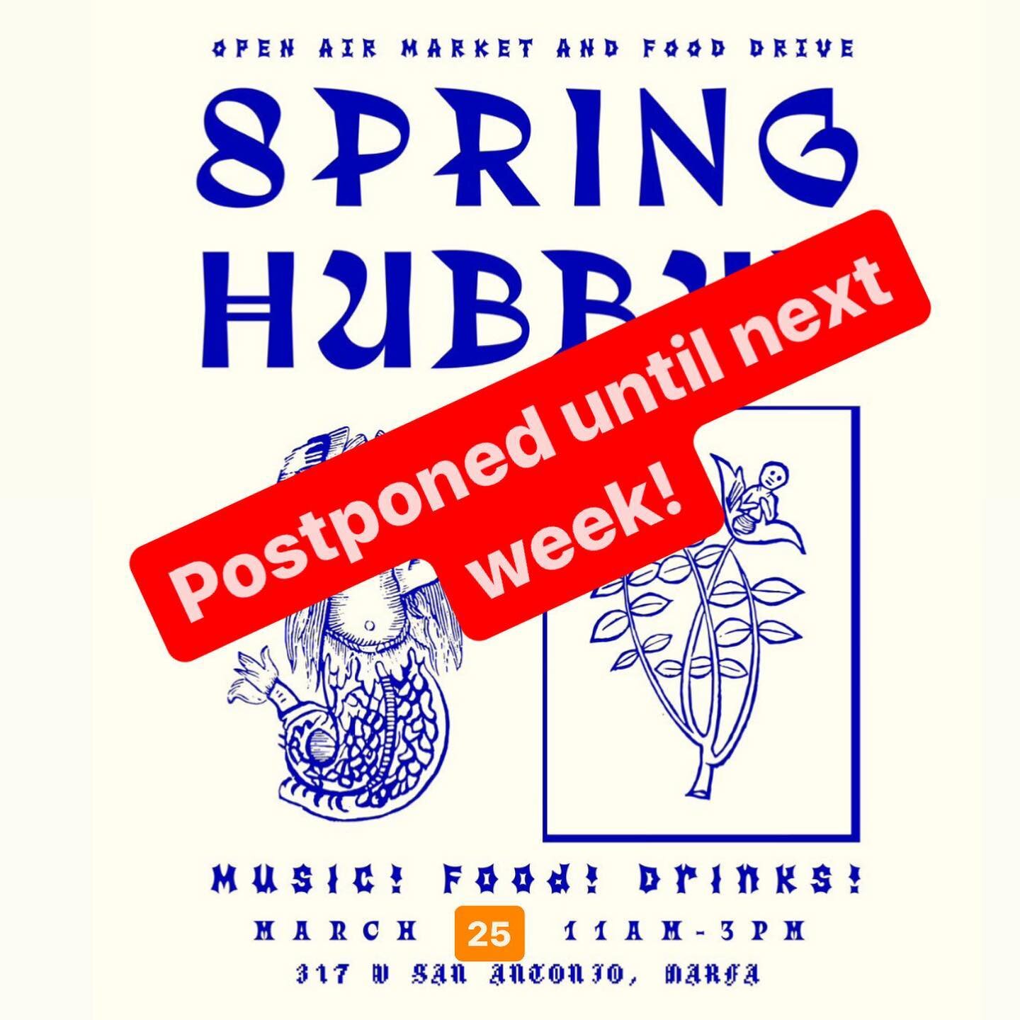 Hi y&rsquo;all Spring Hubbub is postponed due to snow! Typically the event is outdoors and we decided it was best to not risk damaging our wares or any food donations. There will still be soup by @cafediscomarfa starting at noon!!!! Be safe out there