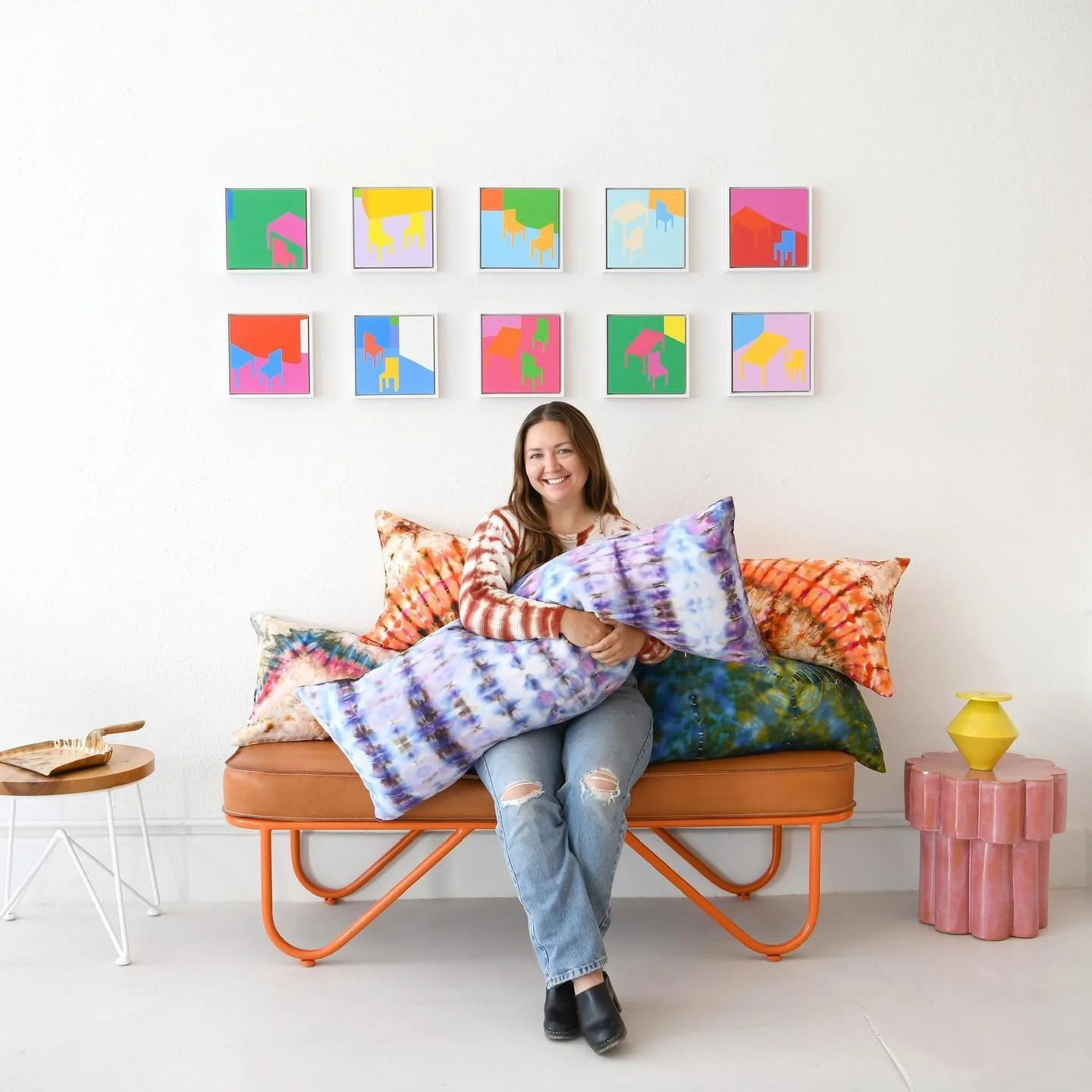 This month I had the honor of collaborating with @garzamarfa to create dyed bolster pillows for their shop! I&rsquo;ve been a huge fan of Garza&rsquo;s colorful textiles and custom furniture. It&rsquo;s such a dream to have my work along side theirs.