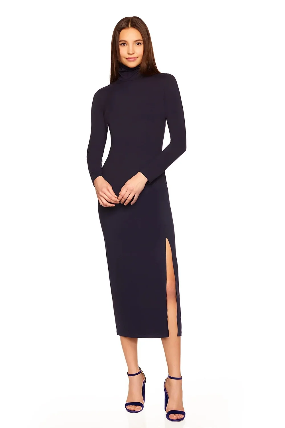 Midnight Long Sleeve Turtleneck Slit Dress  Kickin'