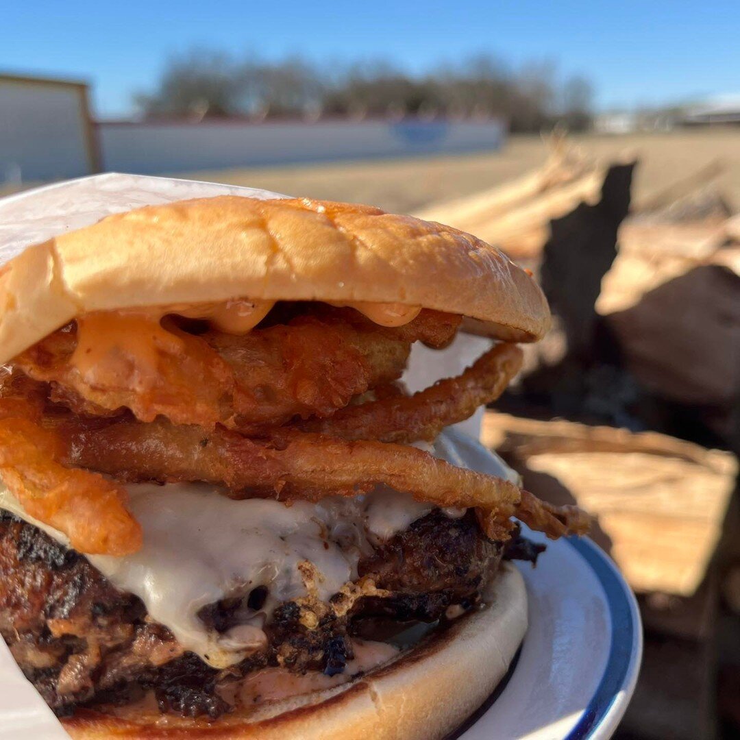 Come out this week and try our all new Brisket Burger!

A massive 1/2 pound patty made up of chopped brisket and hamburger meat topped with Gouda, piled high with crispy onion strings, and finished off with pickles and our house made spicy bbq aioli!