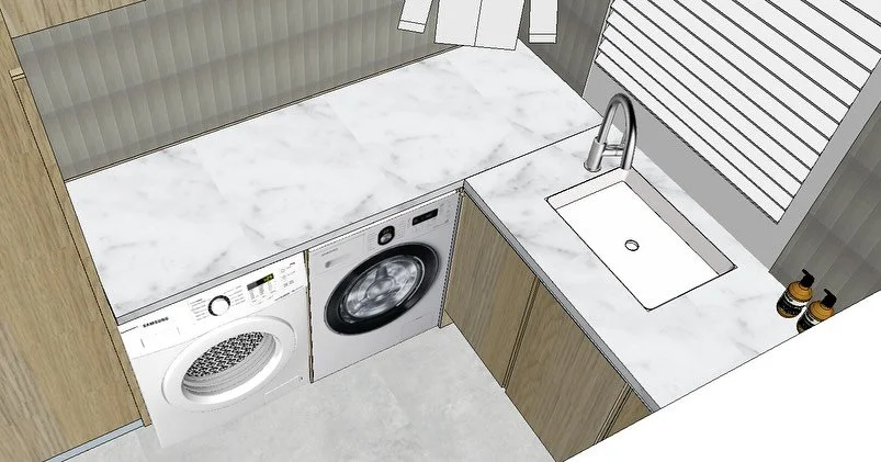 Laundry Sketches Rough First Drafts-Bianco Subway Gloss Tiles, Laminex Calm Oak Joinery, Mont Blanc Quartzite honed natural stone bench top.