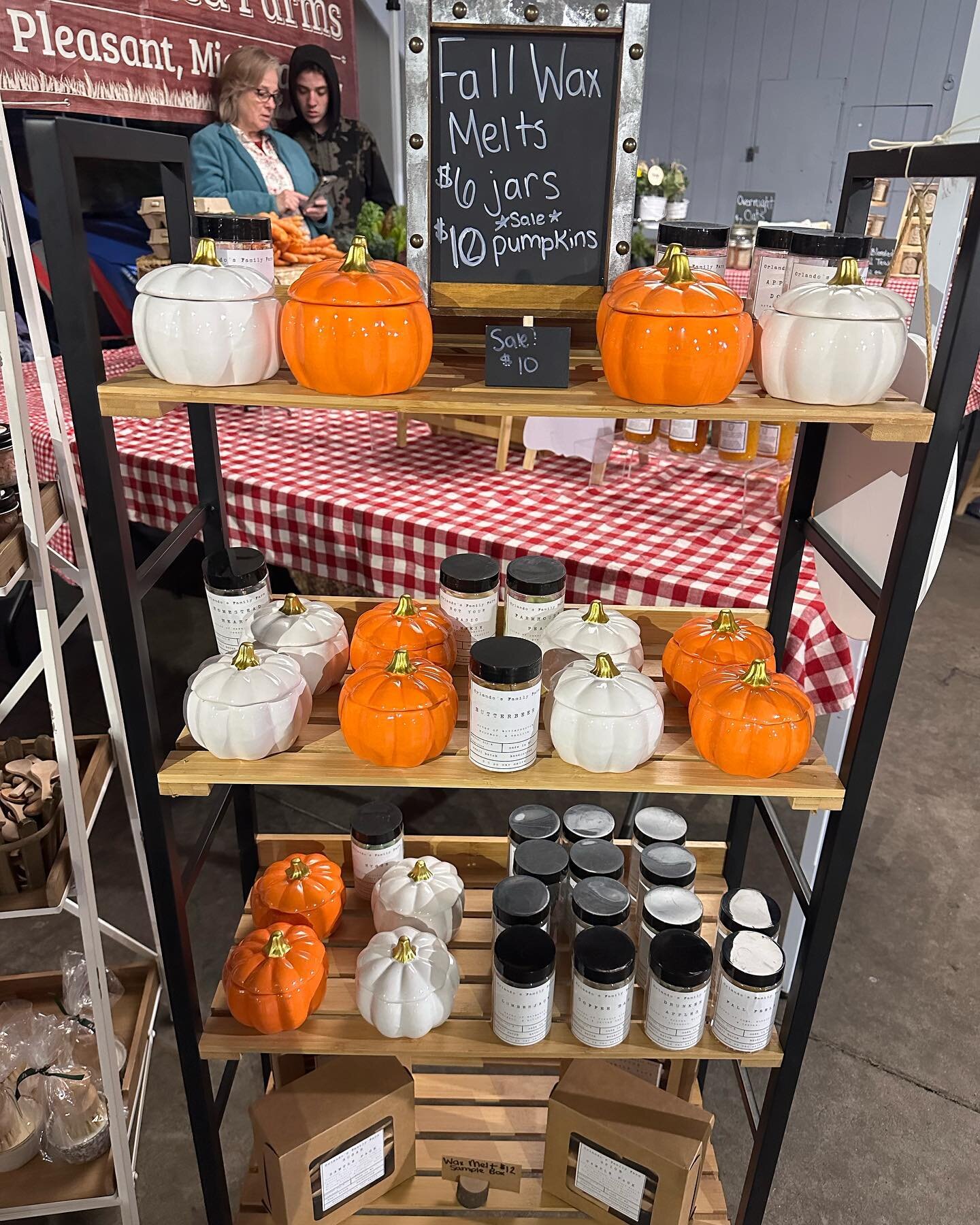 Our Pumpkin wax melt jars are on sale for $10 today, you get an ounce more of wax melts and cute jar once they&rsquo;re gone! We also have a few fall soaps left, once they are gone that&rsquo;s it! Come shop the market today under the pavilion where 