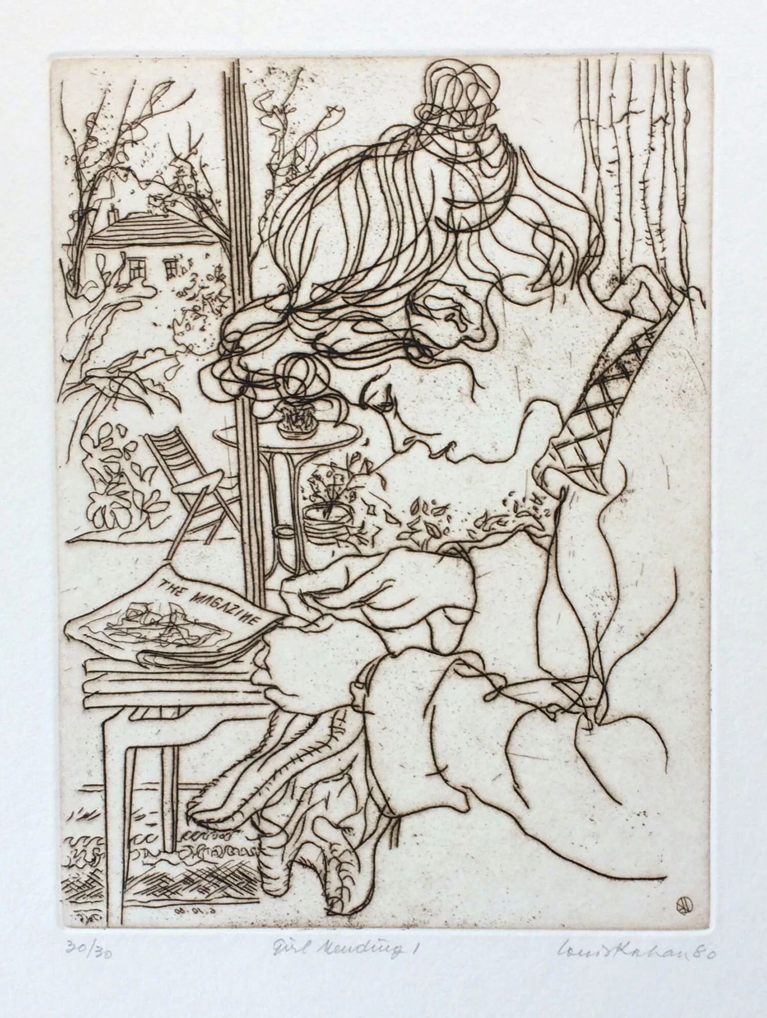 Girl Sewing, 1980, etching
