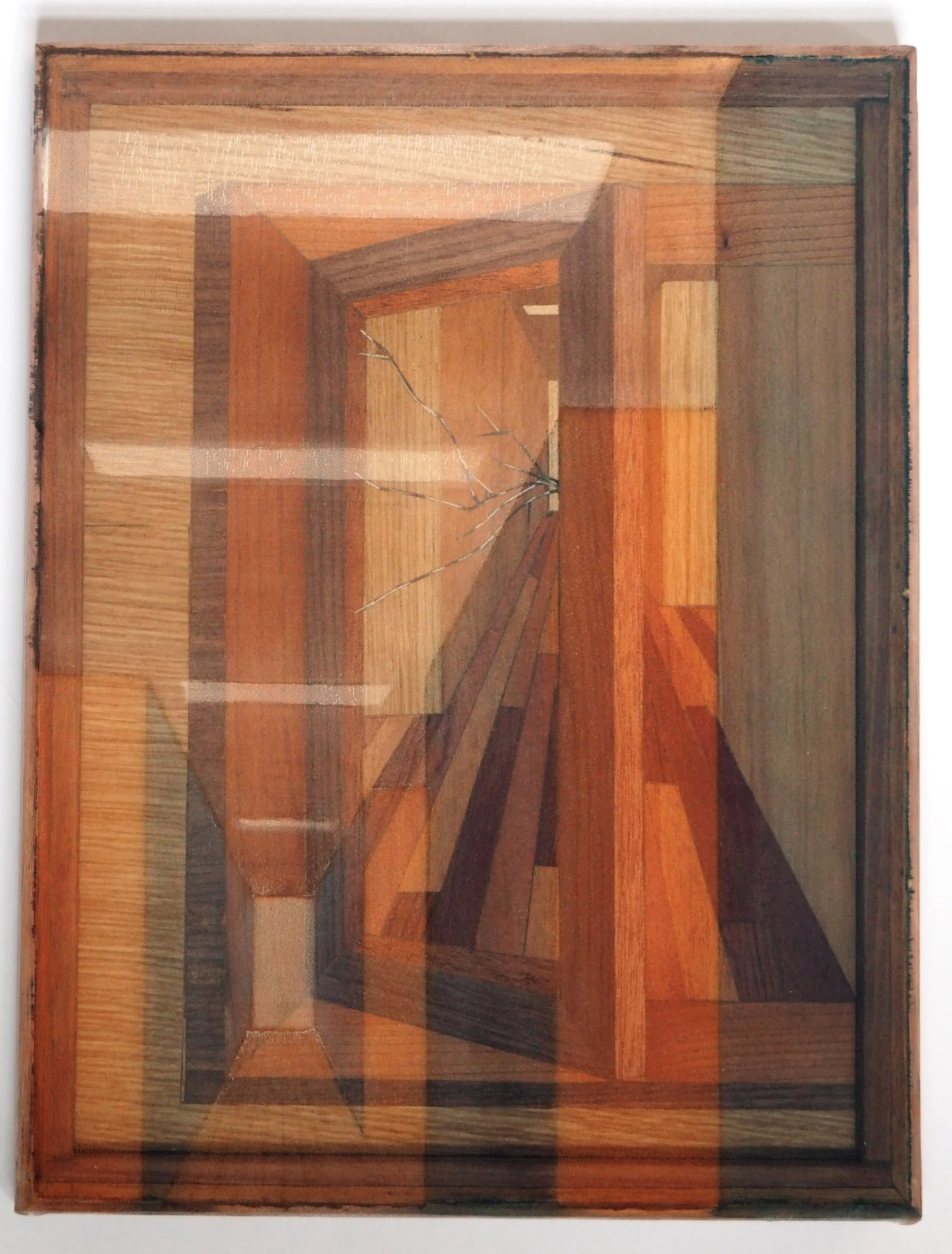 'Hallway,' 2025, Oil on organza, timber inlay, ash and ironbark support. 35 x 44.5cm