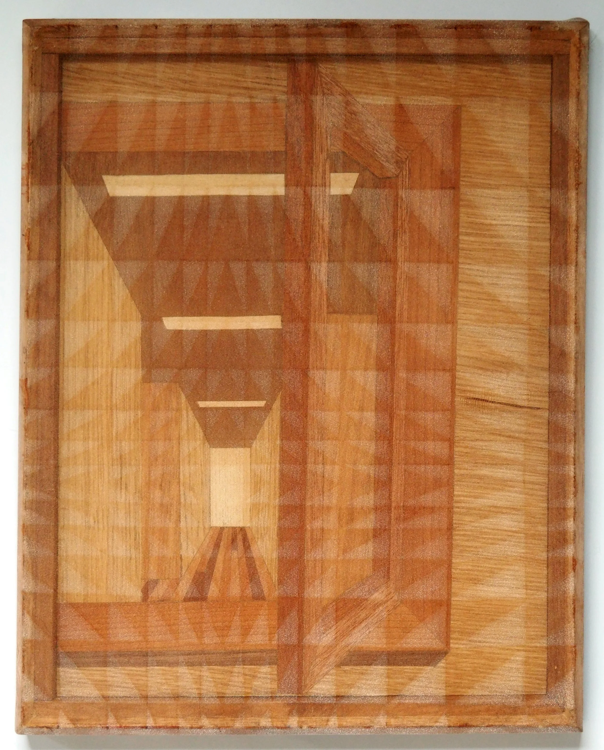 'Passage,' 2025, Oil on organza, timber inlay, ash and ironbark support. 35 x 44.5cm