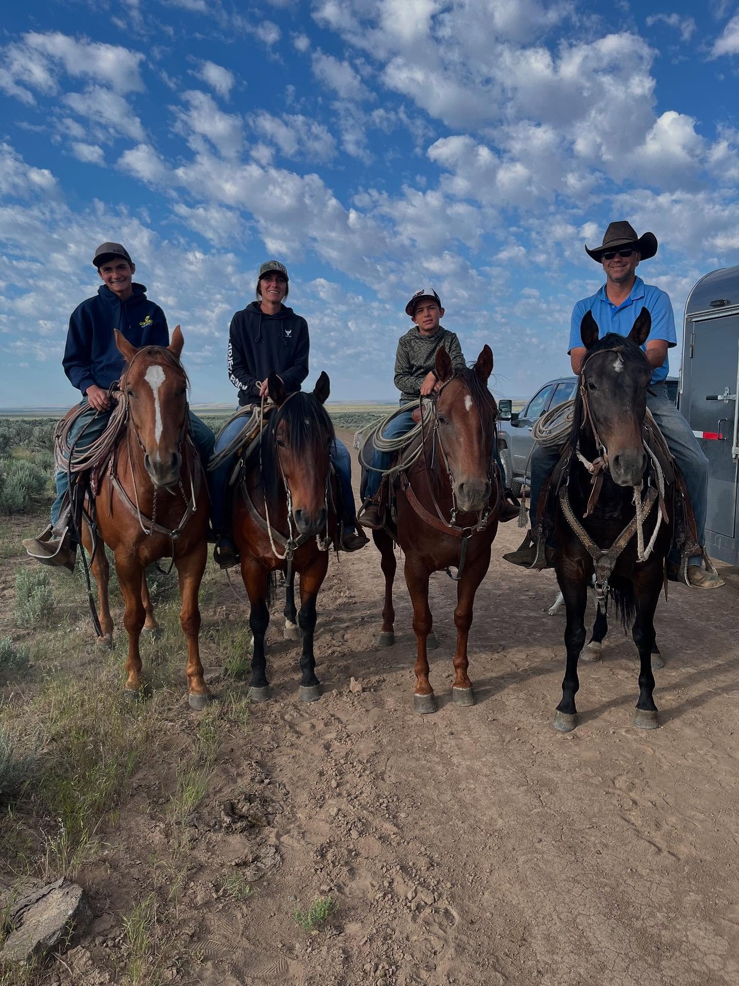 These are our 4 favorite horses in the first picture. They are all brothers and sister. We have been moving lots of cows so far this summer, we are thankful to have nice horses to ride!