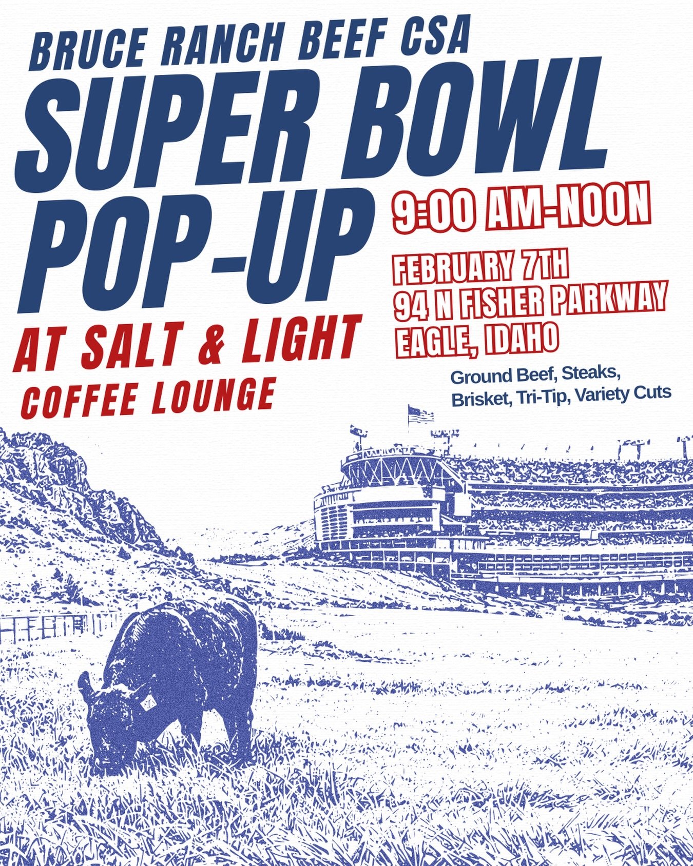 🏈 Super Bowl Pop Up Alert! 🥩
Stock up on ranch-to-table quality, local beef before kickoff!  Join us SATURDAY, Feb. 7th | 9:00 AM-12:00 PM at the delightful Salt and Light Coffee Lounge in Eagle!  @saltlightcoffeelounge 

We&rsquo;ll have steaks, g