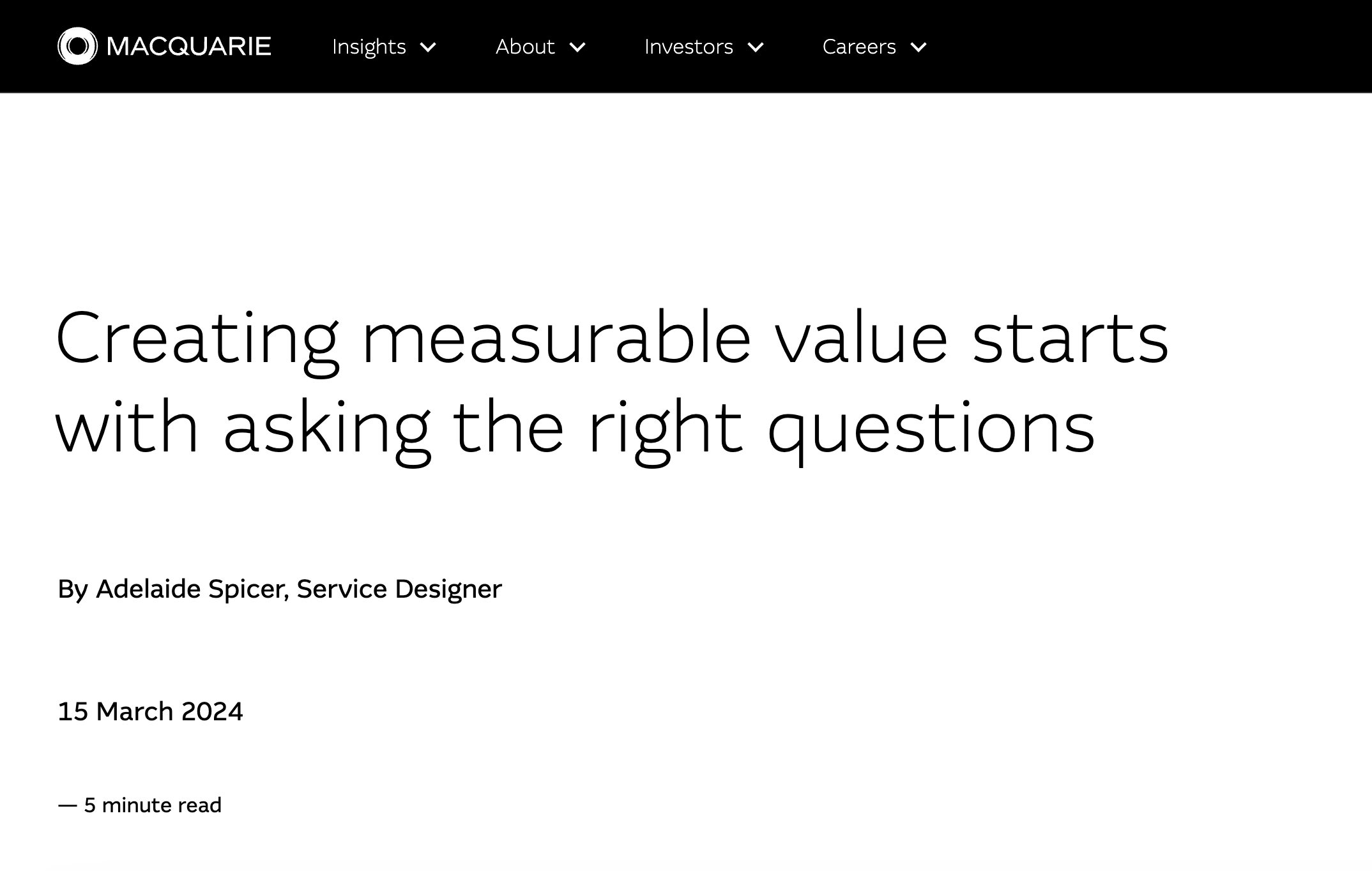 Title page of a webpage from Macquarie, titled "Creating measurable value starts with asking the right questions," authored by Adelaide Spicer, dated March 15, 2024, indicating a 5-minute read.