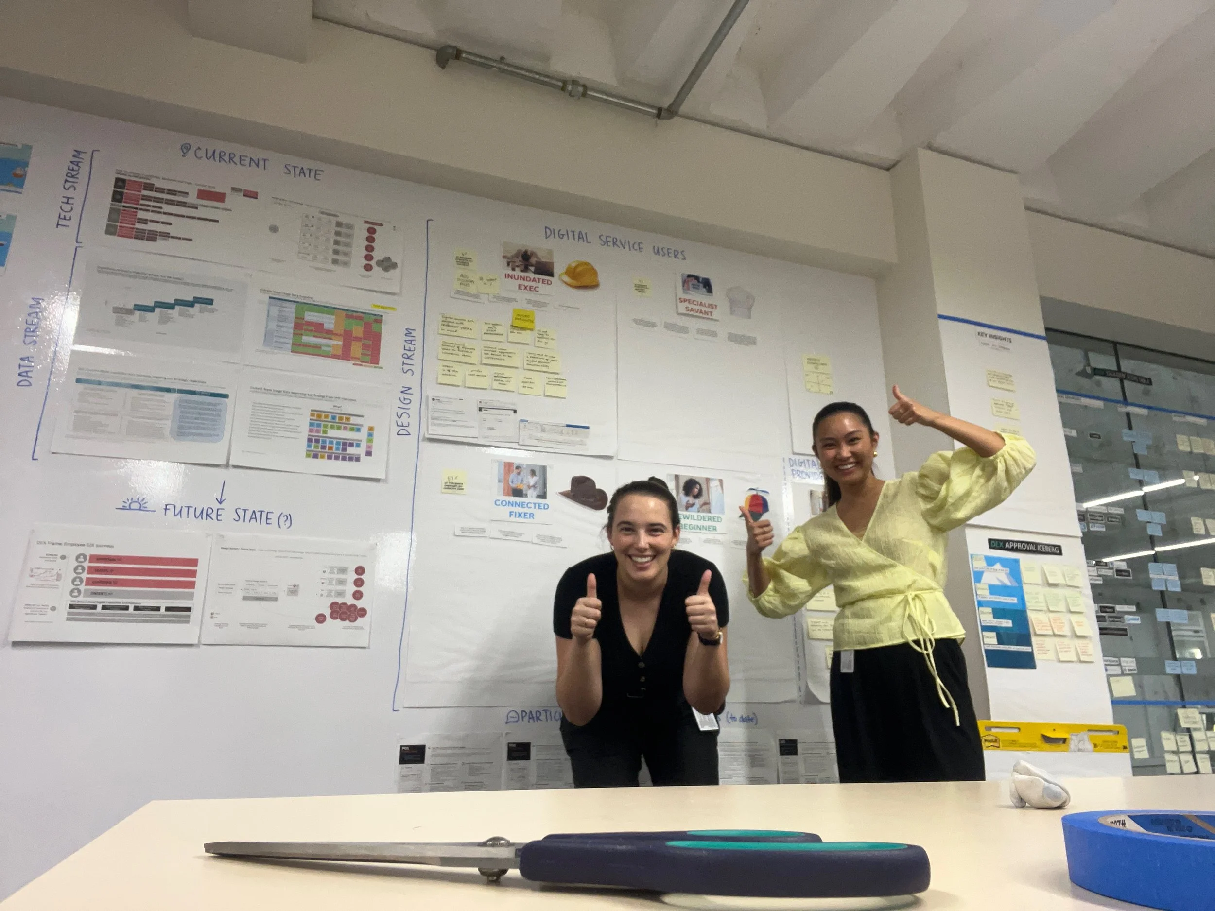 Two women smiling and giving thumbs up in an office with a presentation board behind them.
