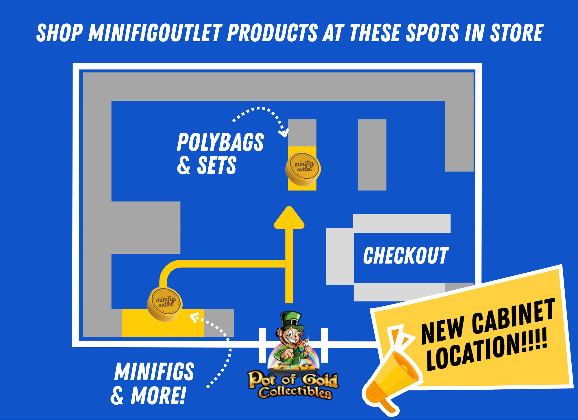 Map showing in-store spots to shop for Minifigures and Sets, with arrows indicating paths, and a graphic of a leprechaun, Pot of Gold Collectibles logo, and a new cabinet transition announcement.