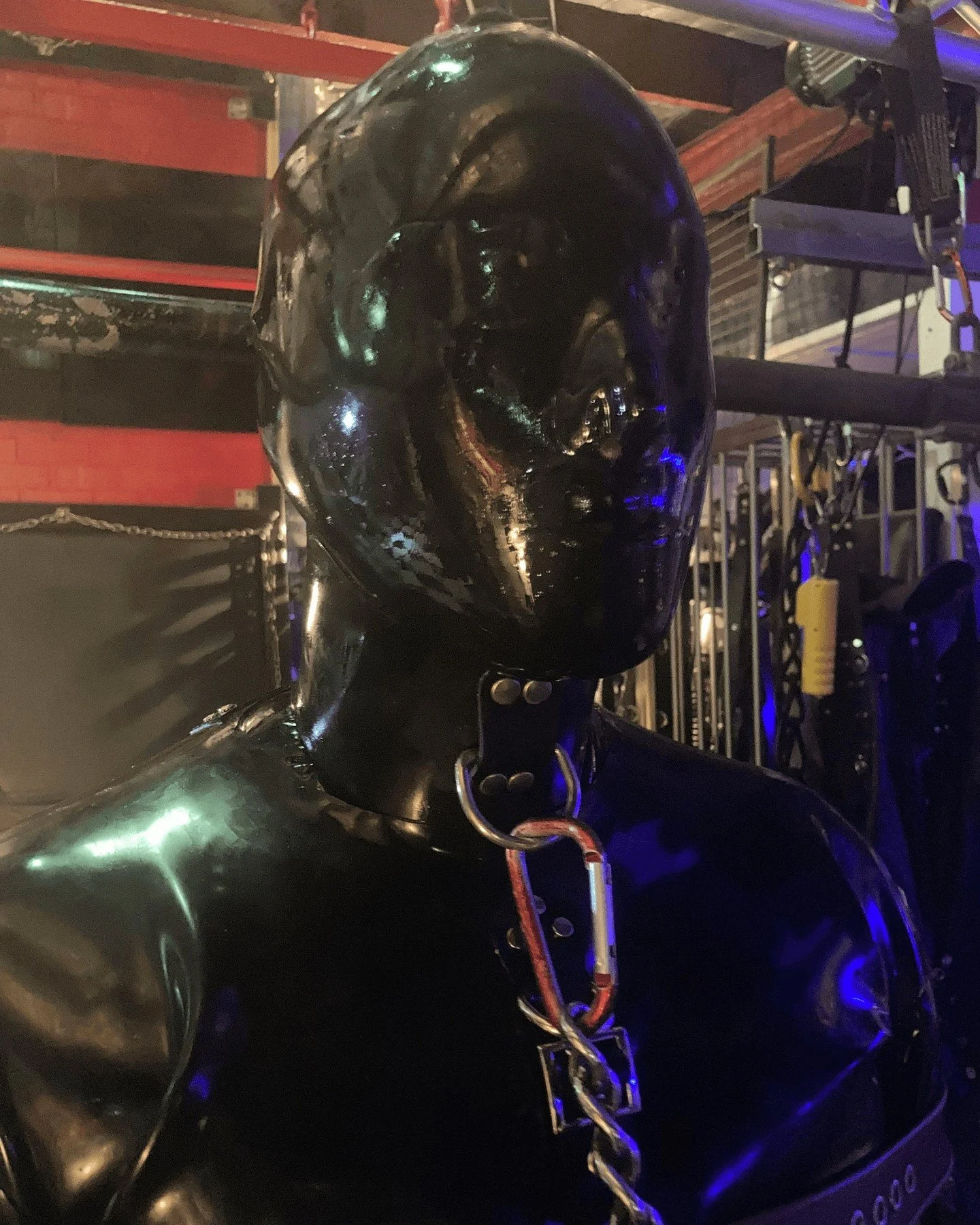 One of My new #RubbersFinest #hoods with pinhole eyes &amp; no mouth - it's quite a trip! I recently bought many Rubbers Finest &amp; Studio Gum hoods off a #Domme who's retiring - this #latex is a benchmark addition to My #rubber collection!