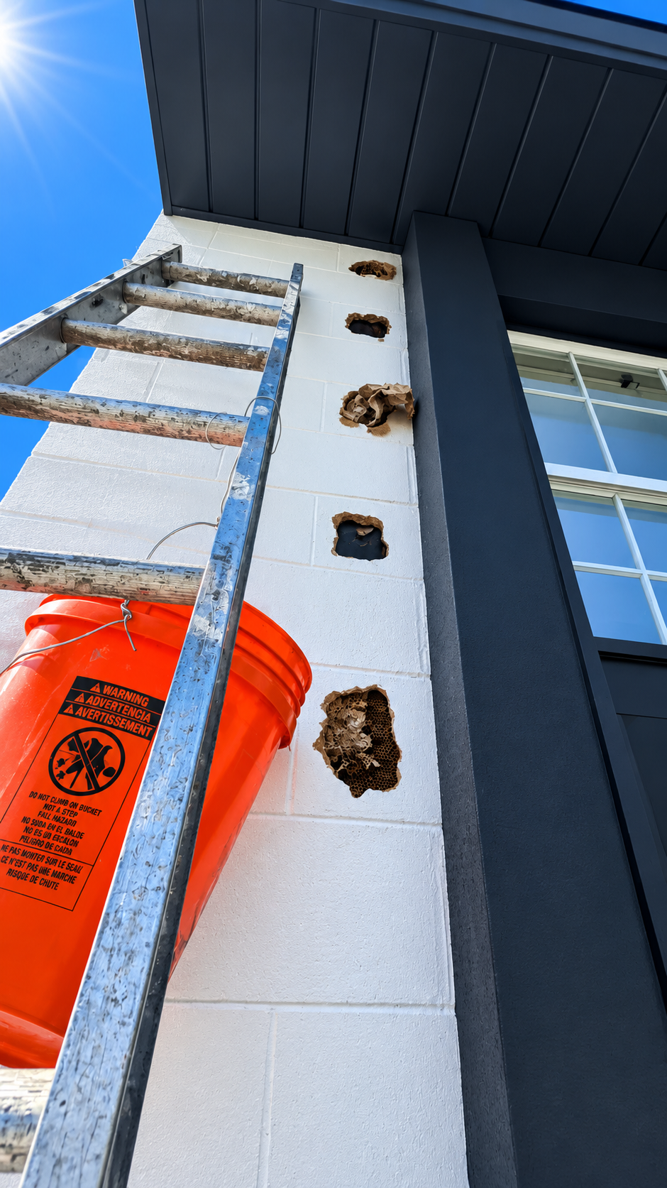 Exterior wall with multiple openings containing honeycomb and a bee nest, with a ladder positioned against the wall during bee removal work.