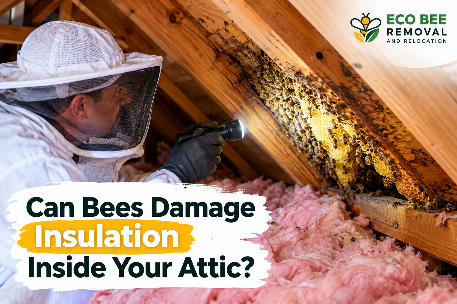 Bee removal specialist inspecting a honey bee colony near attic insulation in Florida