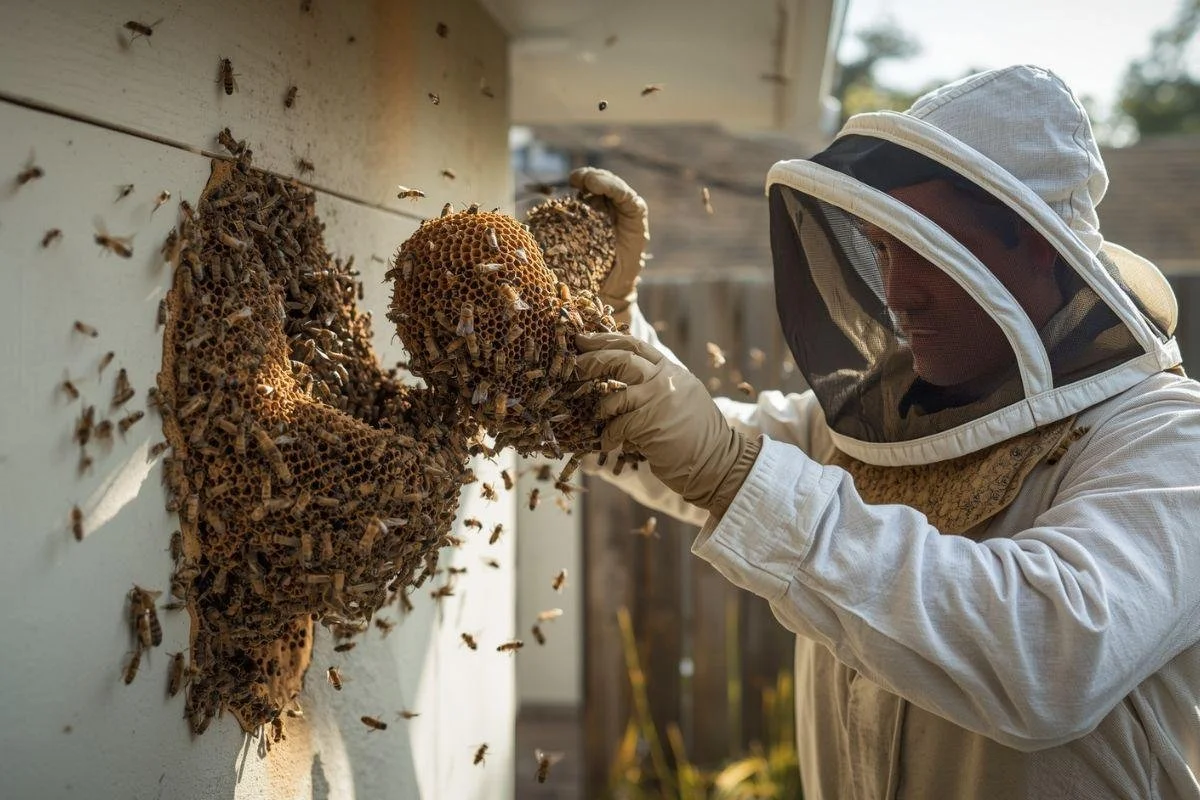 "Professional beekeeper performing eco-friendly bee removal from a home wall"
