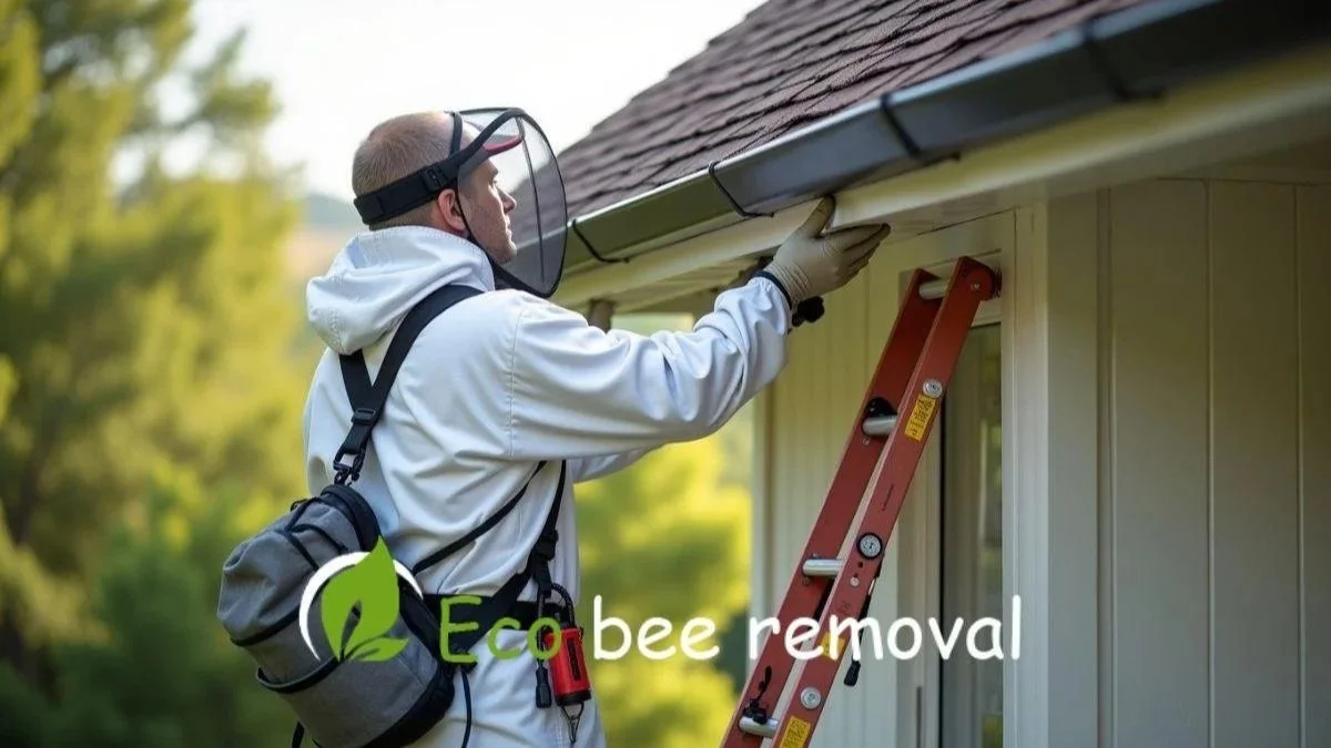 Bee removal professional inspecting soffits and roof eaves for safe honey bee removal