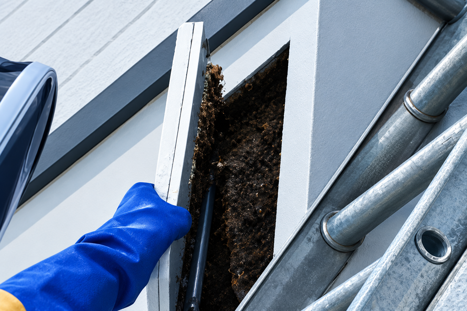 Damaged wall cavity inspected by a technician wearing blue gloves.