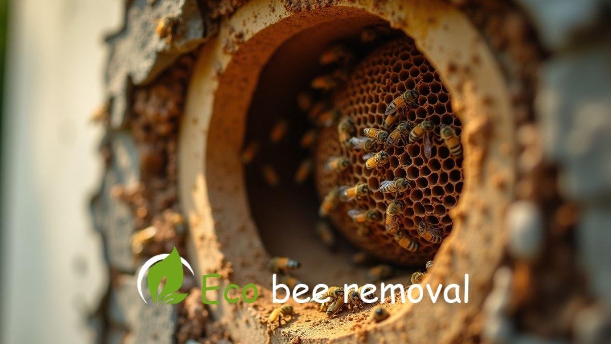 Bee hive built inside wall cavity showing honeycomb and worker bees in a Florida home
