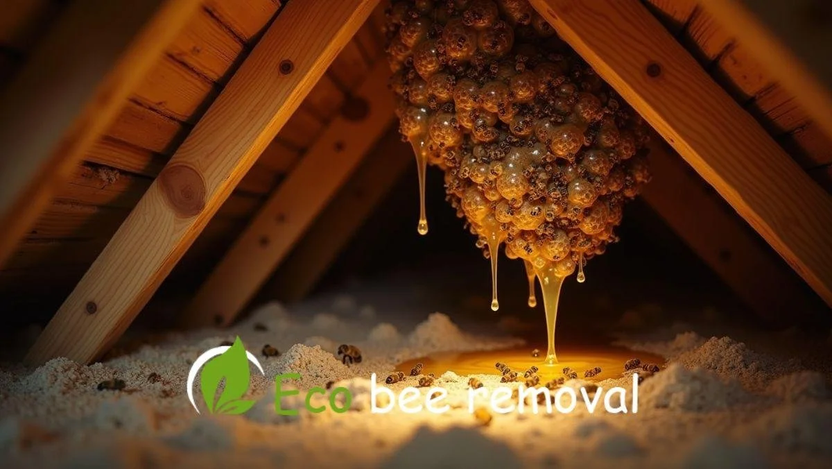 Honey melting from a bee hive inside a hot attic during summer heat