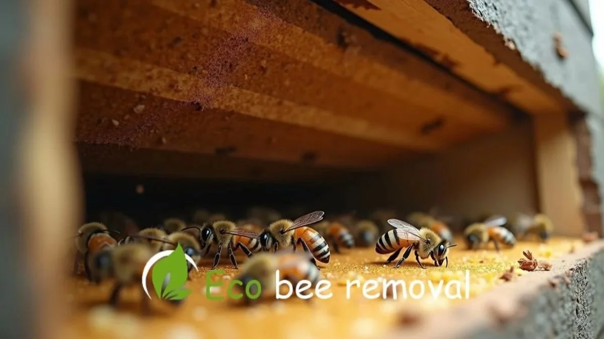 Eco bee removal service showing honey bees nesting under a house structure for safe relocation