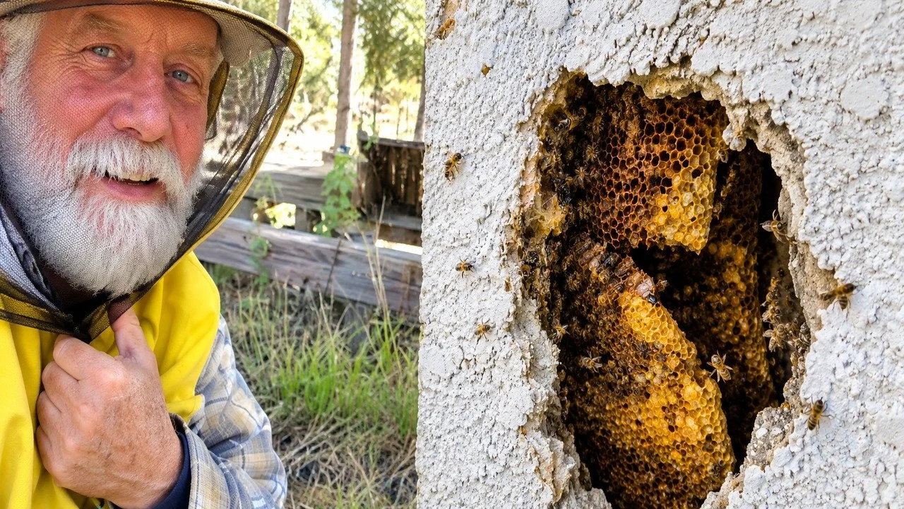Bees nest removal from a concrete wall showing exposed honeycomb and a professional beekeeper in protective gear.