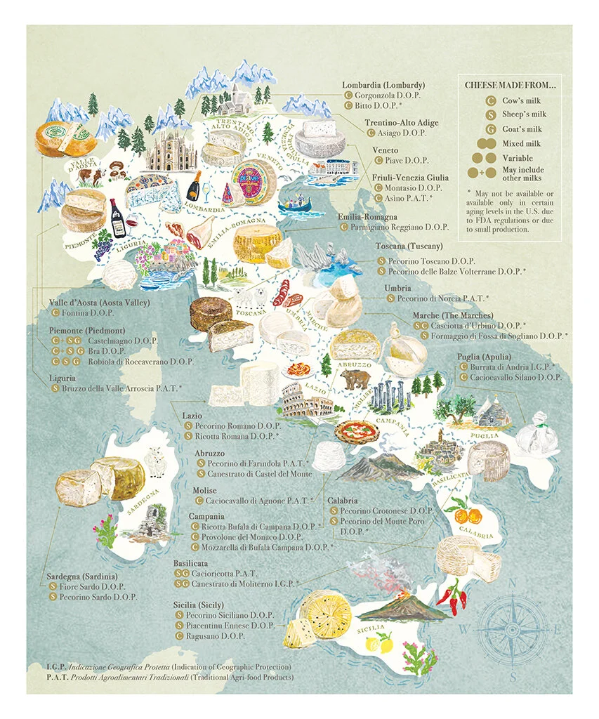 A map of Italy with small illustrations of cheeses and landmarks