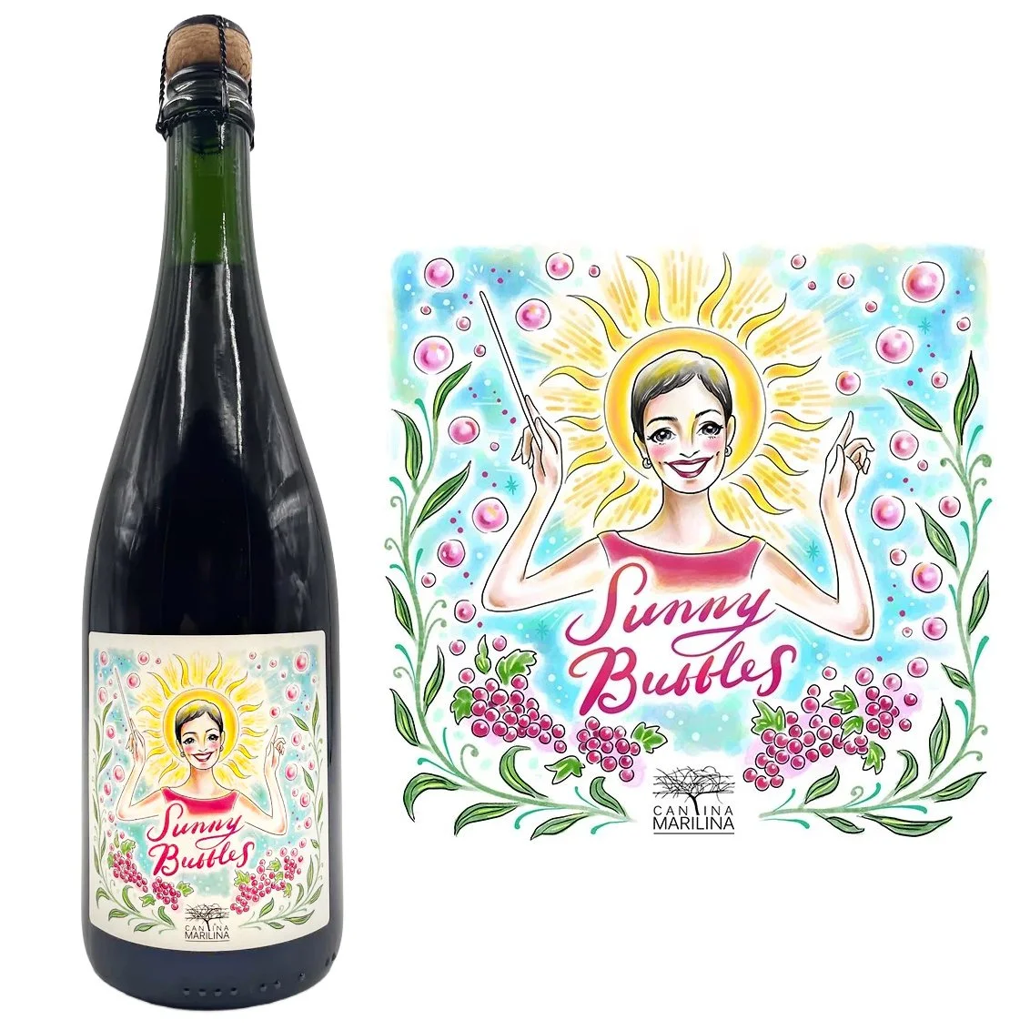 Sunny Bubbles wine with a label of Marilina with a sun and vines