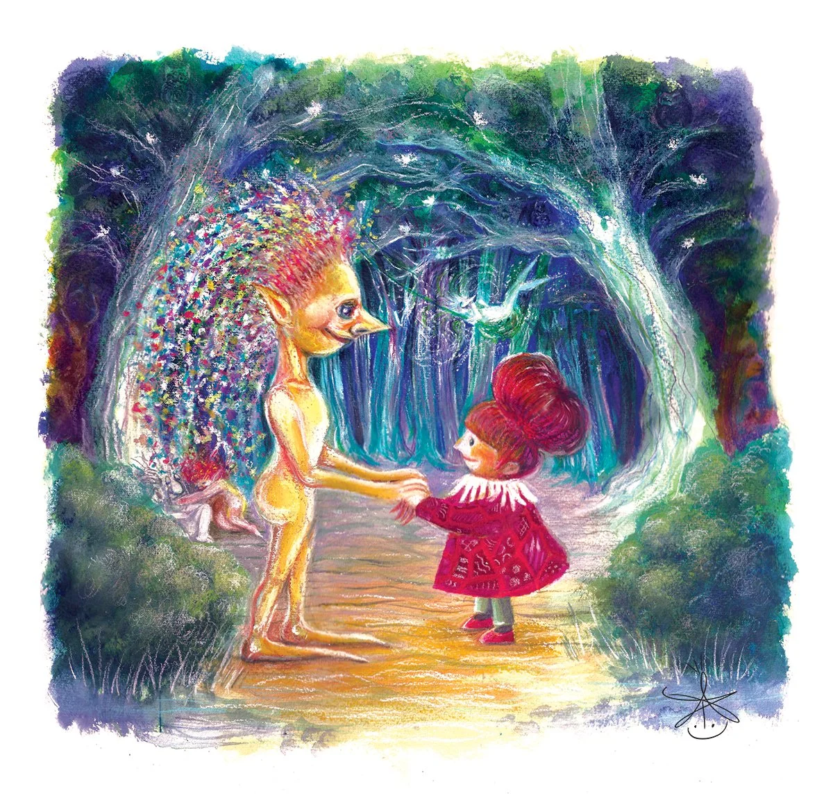 A colorful, whimsical illustration of a fairy-tale scene with a nude fairy shaking hands with a girl in a red dress, in a lush forest with glowing trees and a small dog in the background.